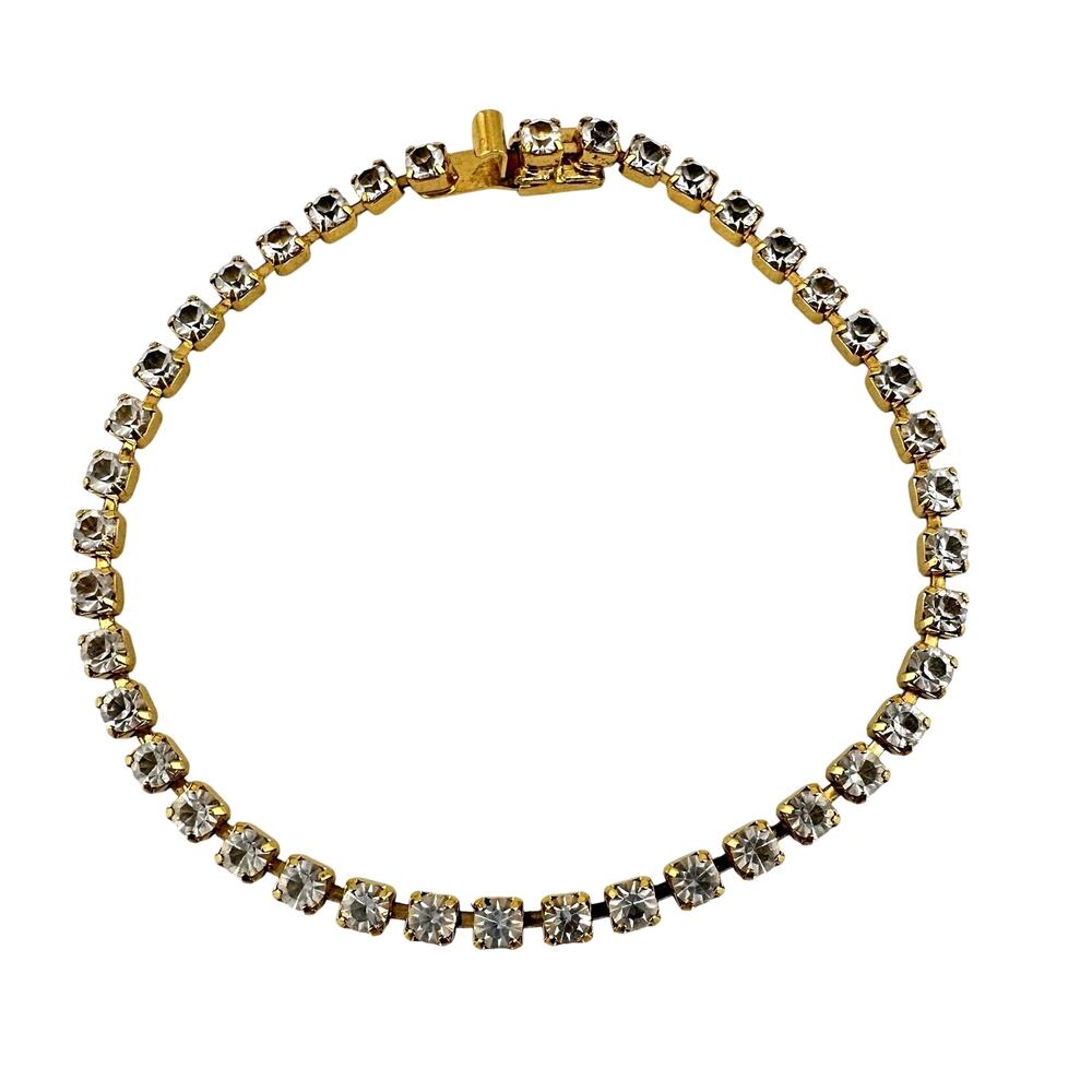 Vintage Monet Rhinestone Prong Set Cup Chain Gold Tone Tennis 7.25” Bracelet